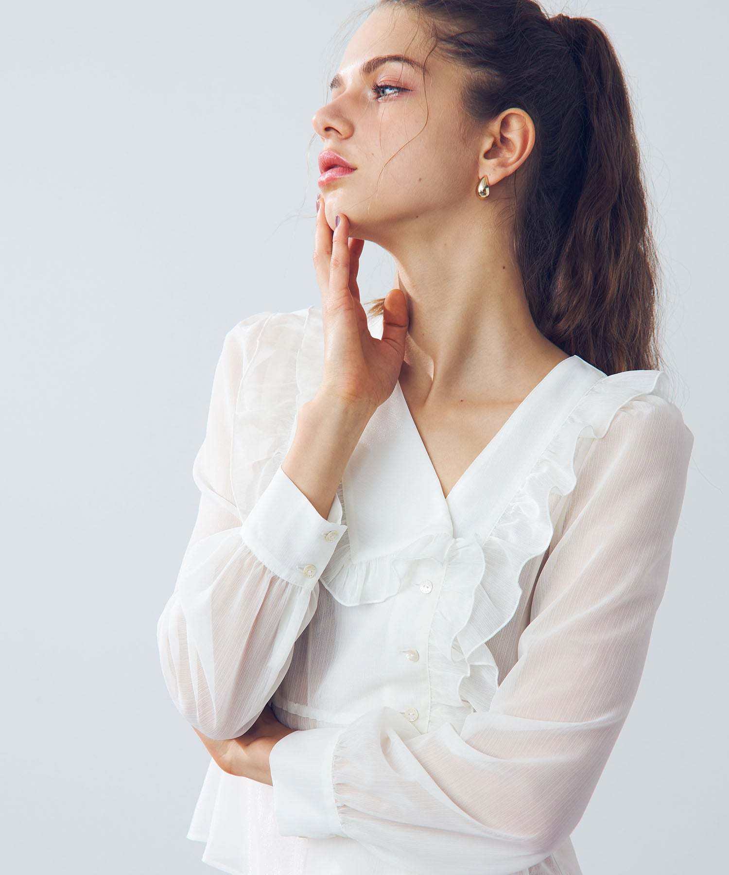 【預訂】金銀絲條紋荷葉邊襯衫