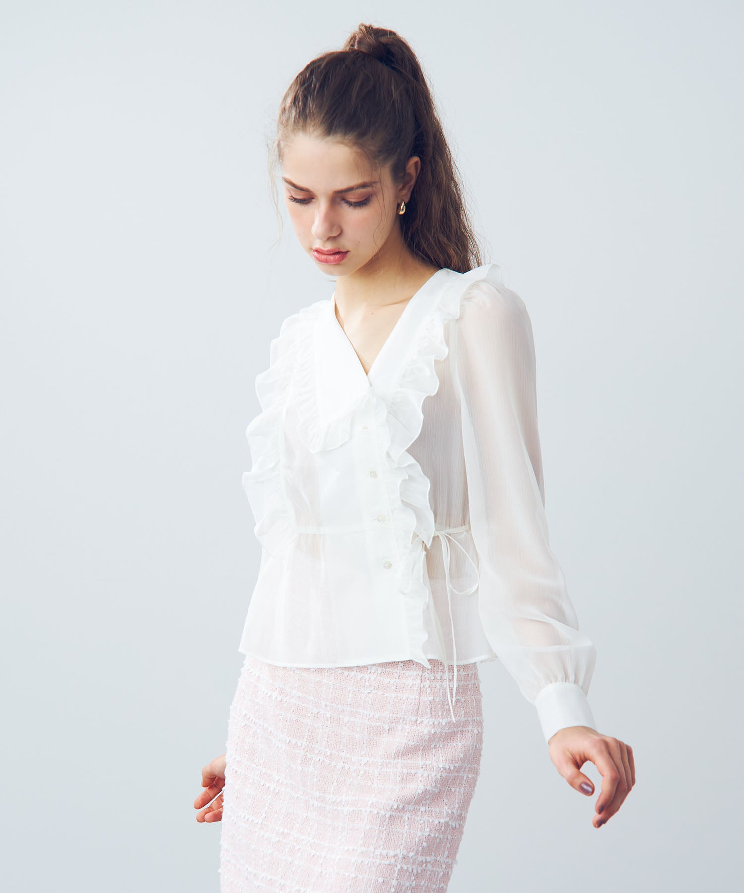 【預訂】金銀絲條紋荷葉邊襯衫