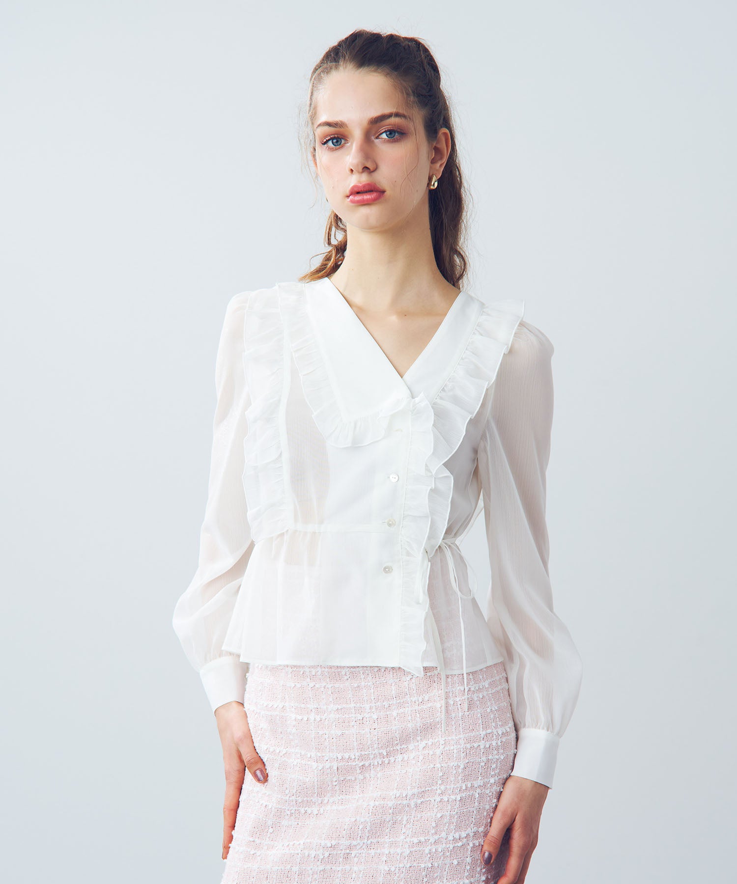 【預訂】金銀絲條紋荷葉邊襯衫