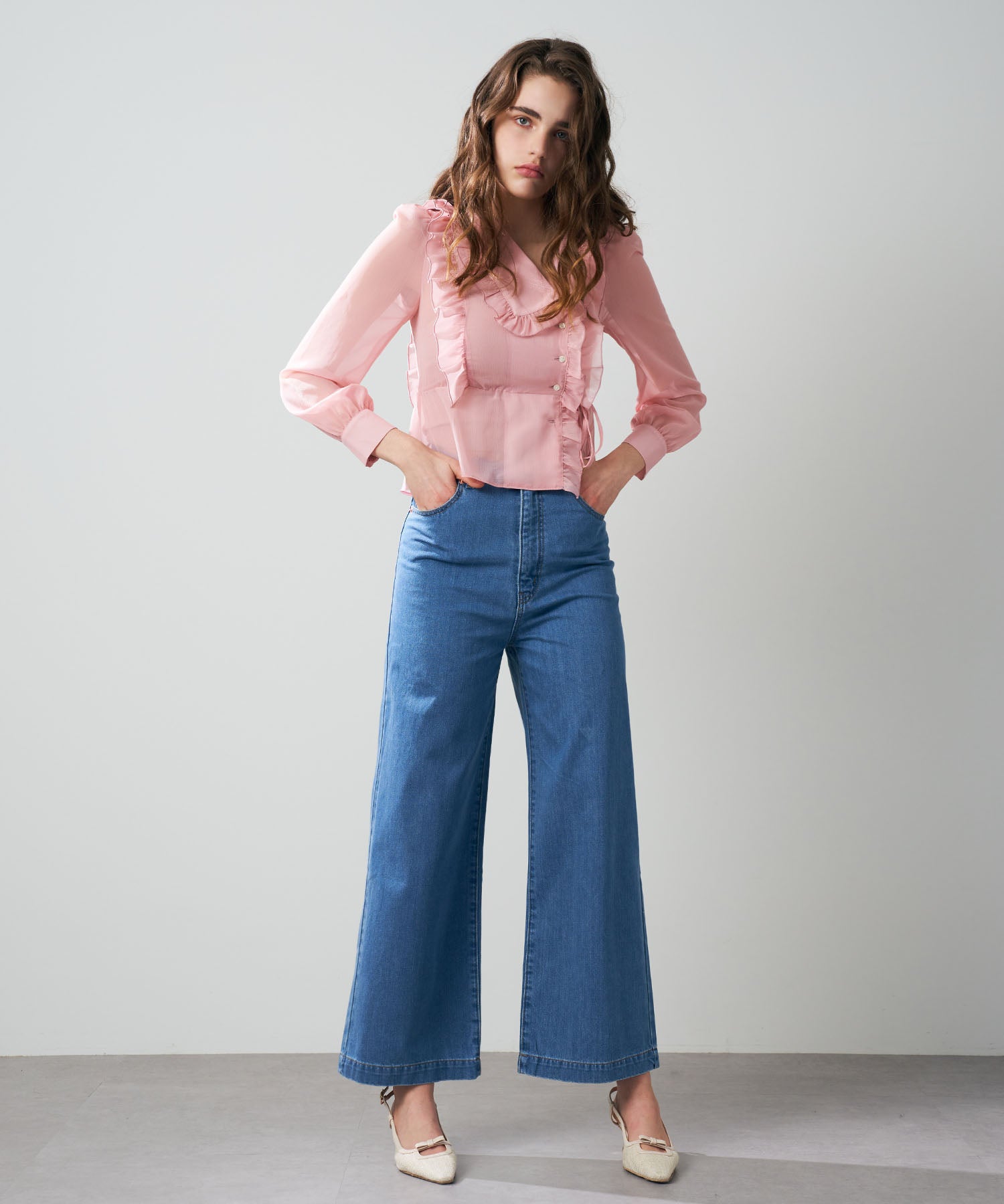 【預訂】金銀絲條紋荷葉邊襯衫