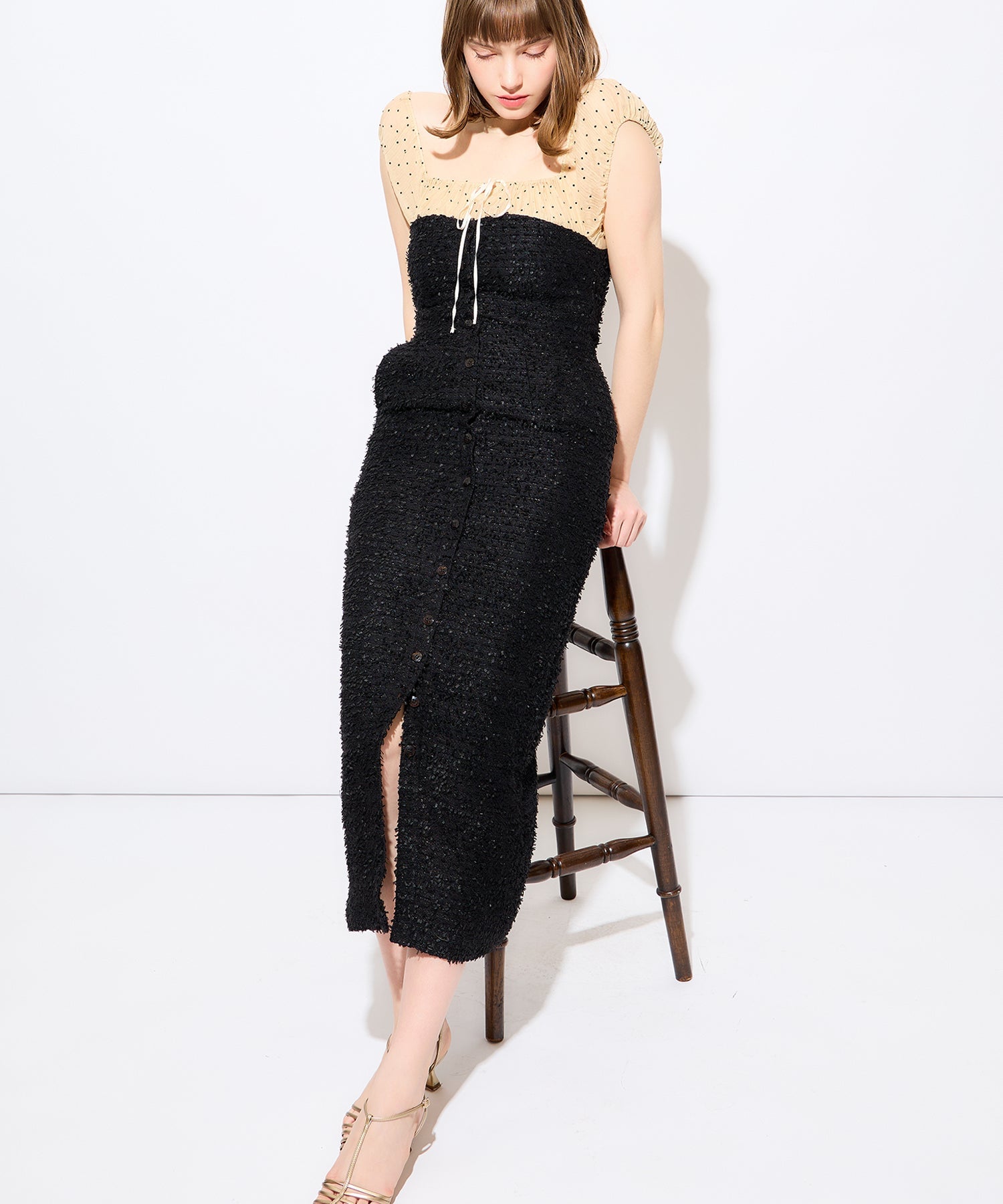 2wayドットツイードコンビワンピース