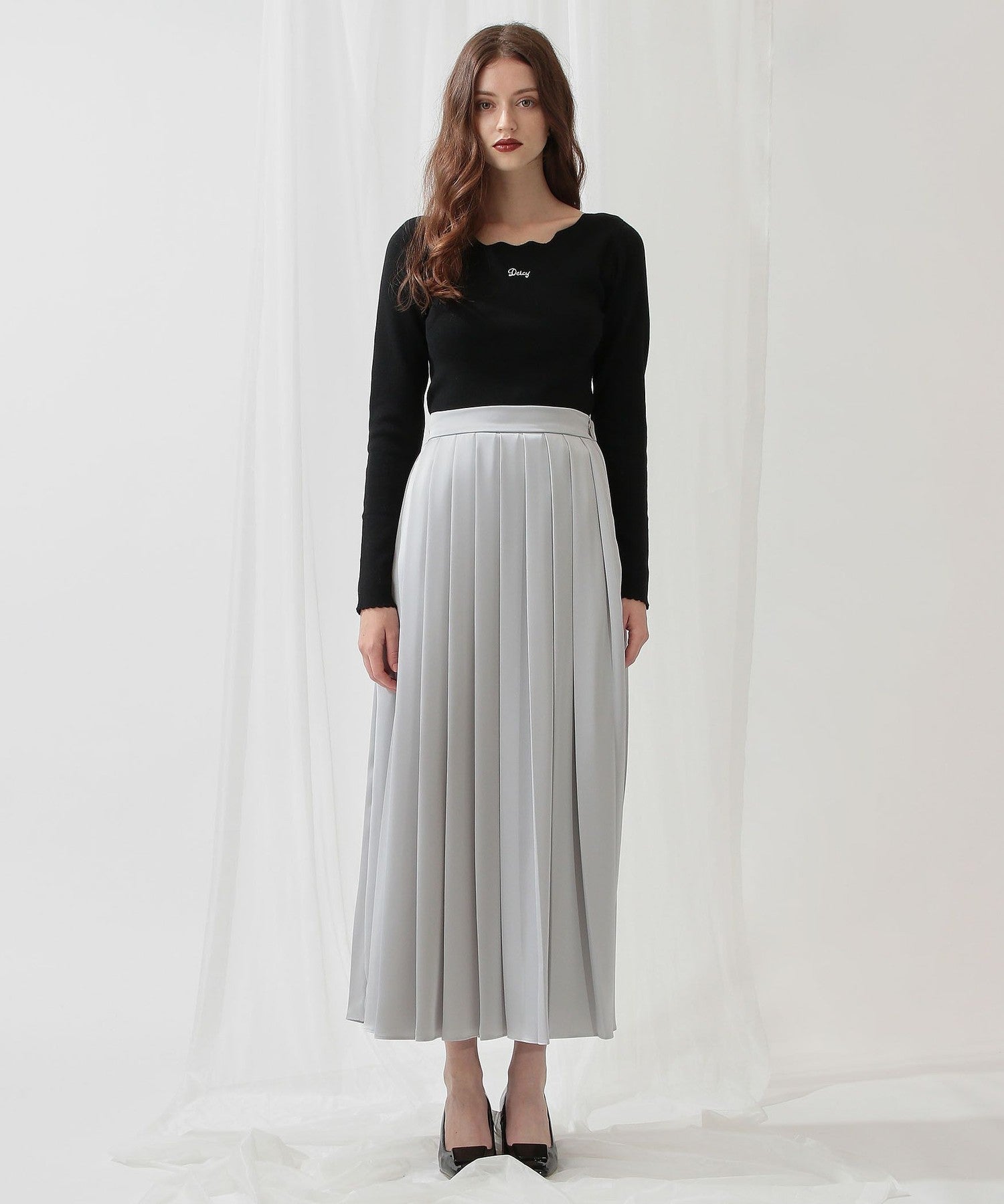Satin pleated midi skirt