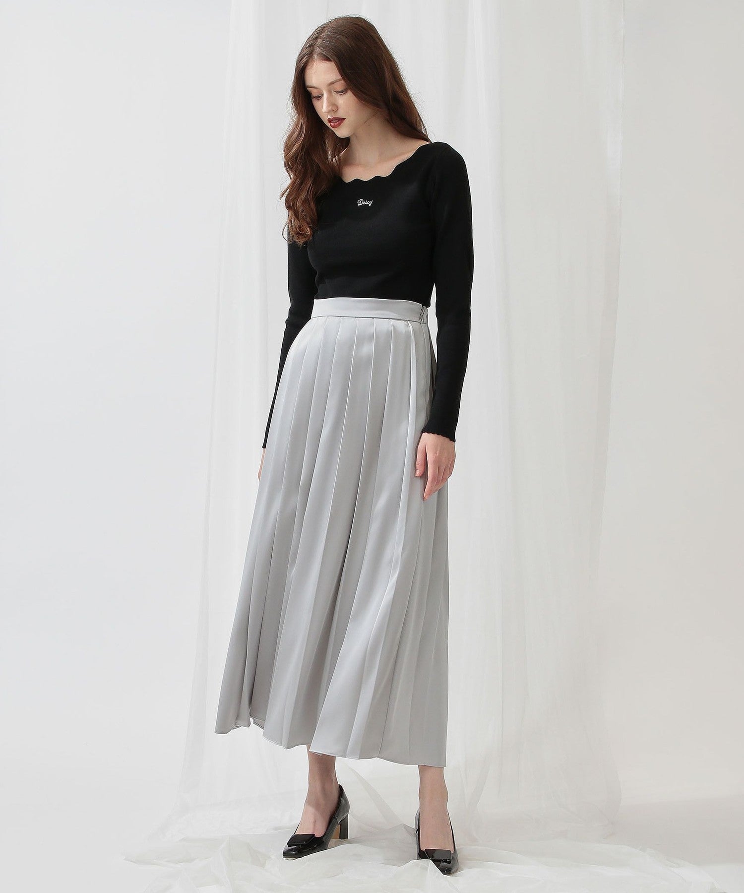 Satin pleated midi skirt