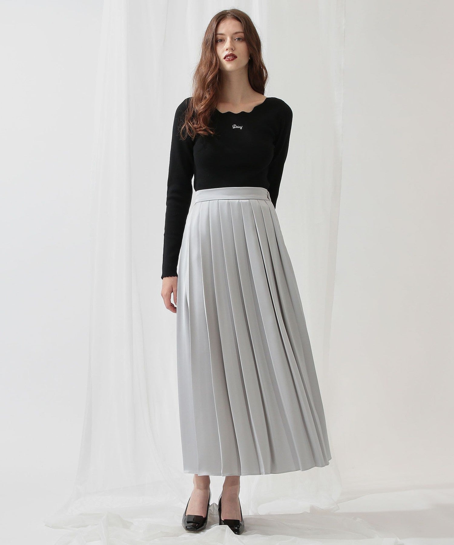 Satin pleated midi skirt