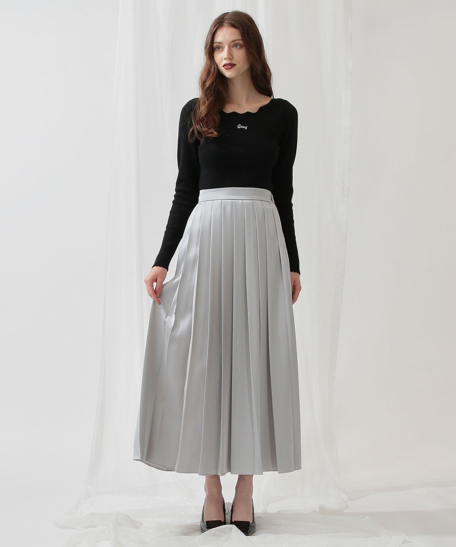 Satin pleated midi skirt