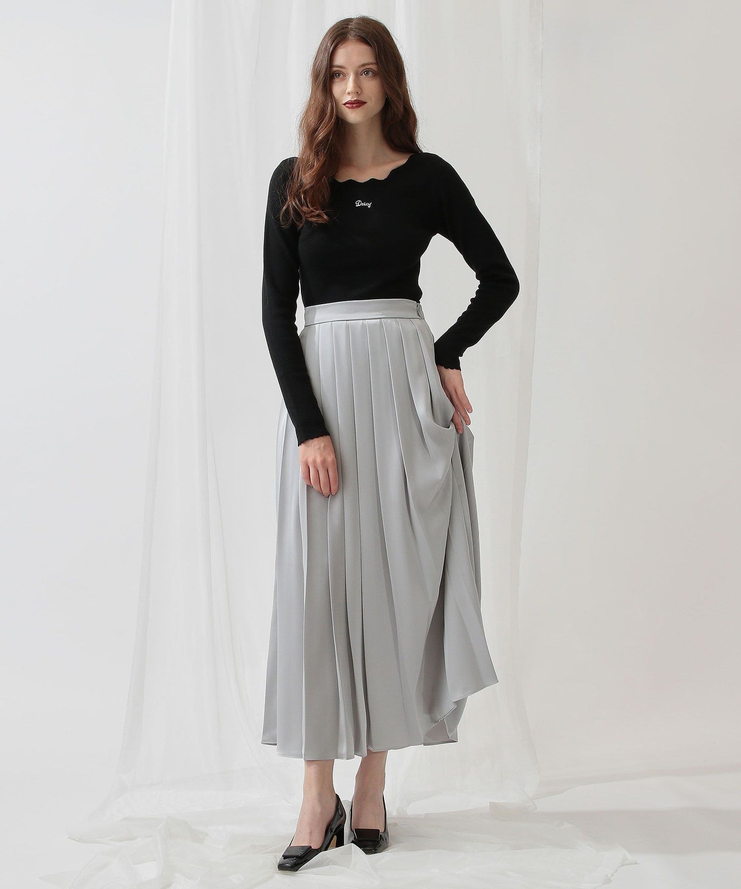 Satin pleated midi skirt