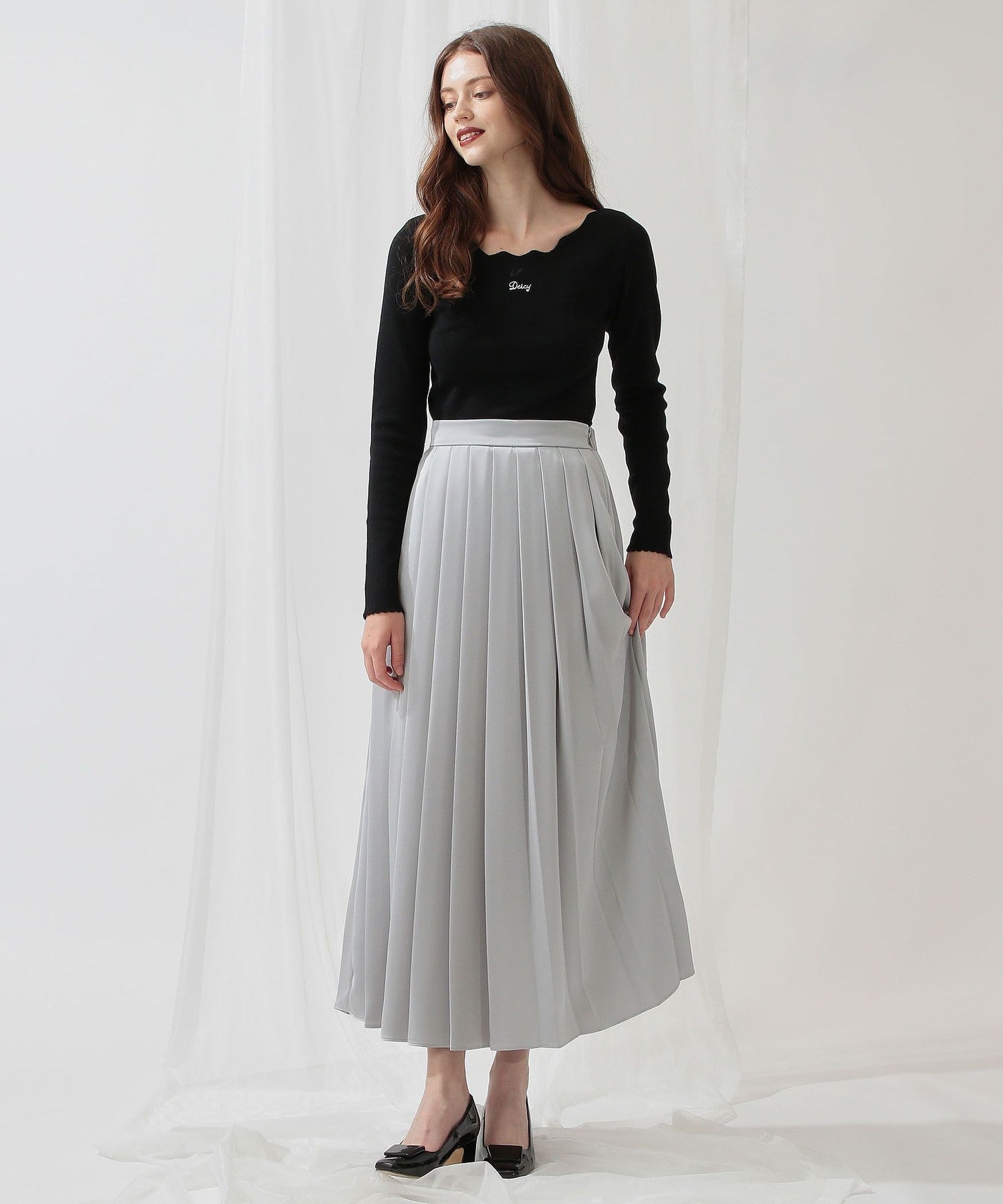 Satin pleated midi skirt