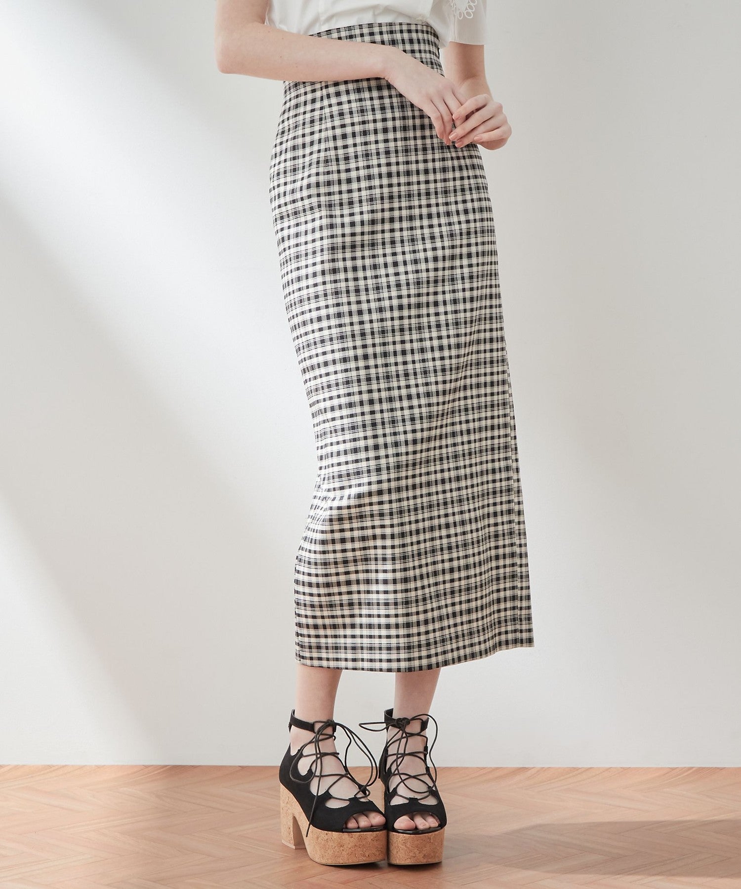 High waist check long skirt