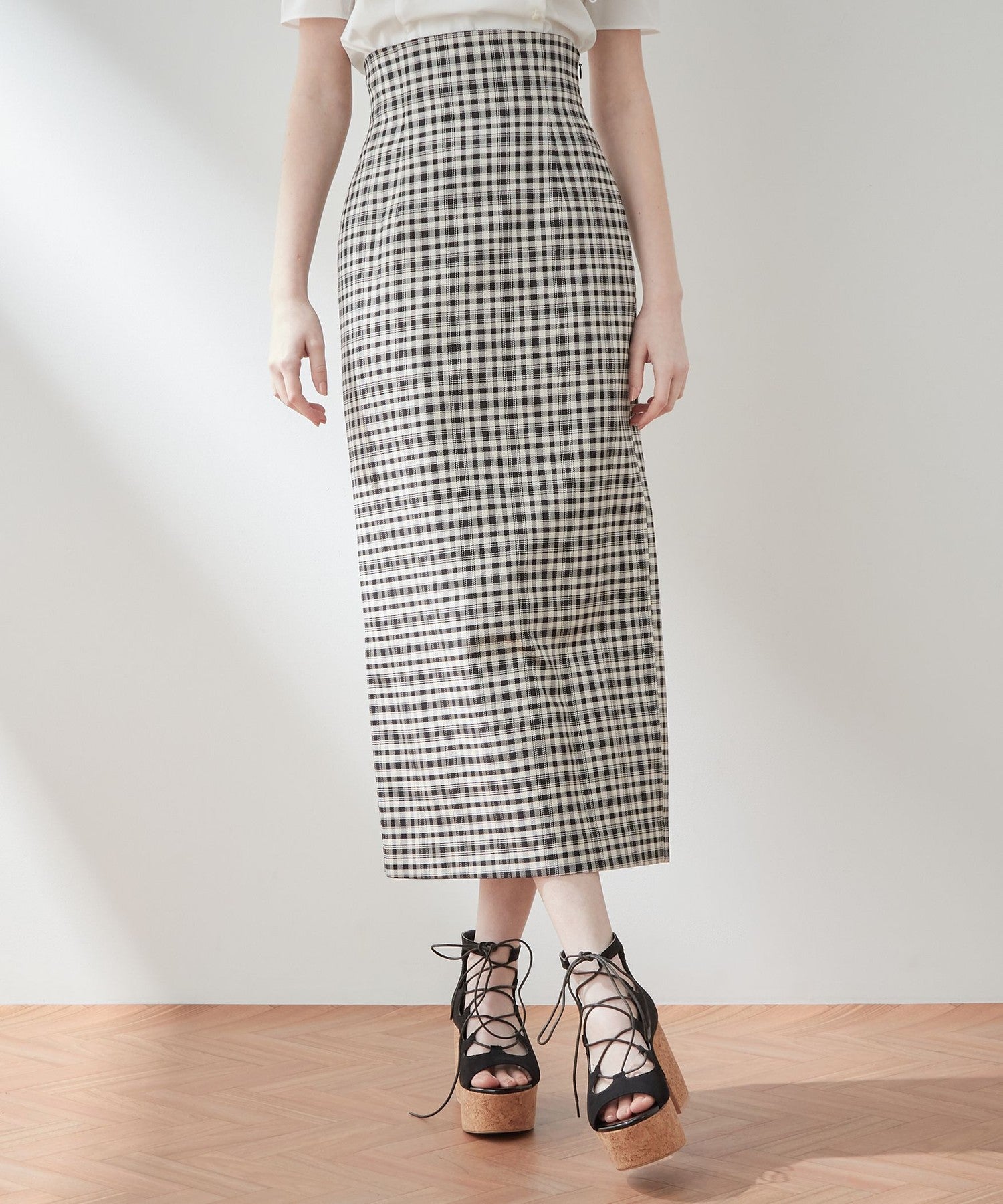High waist check long skirt