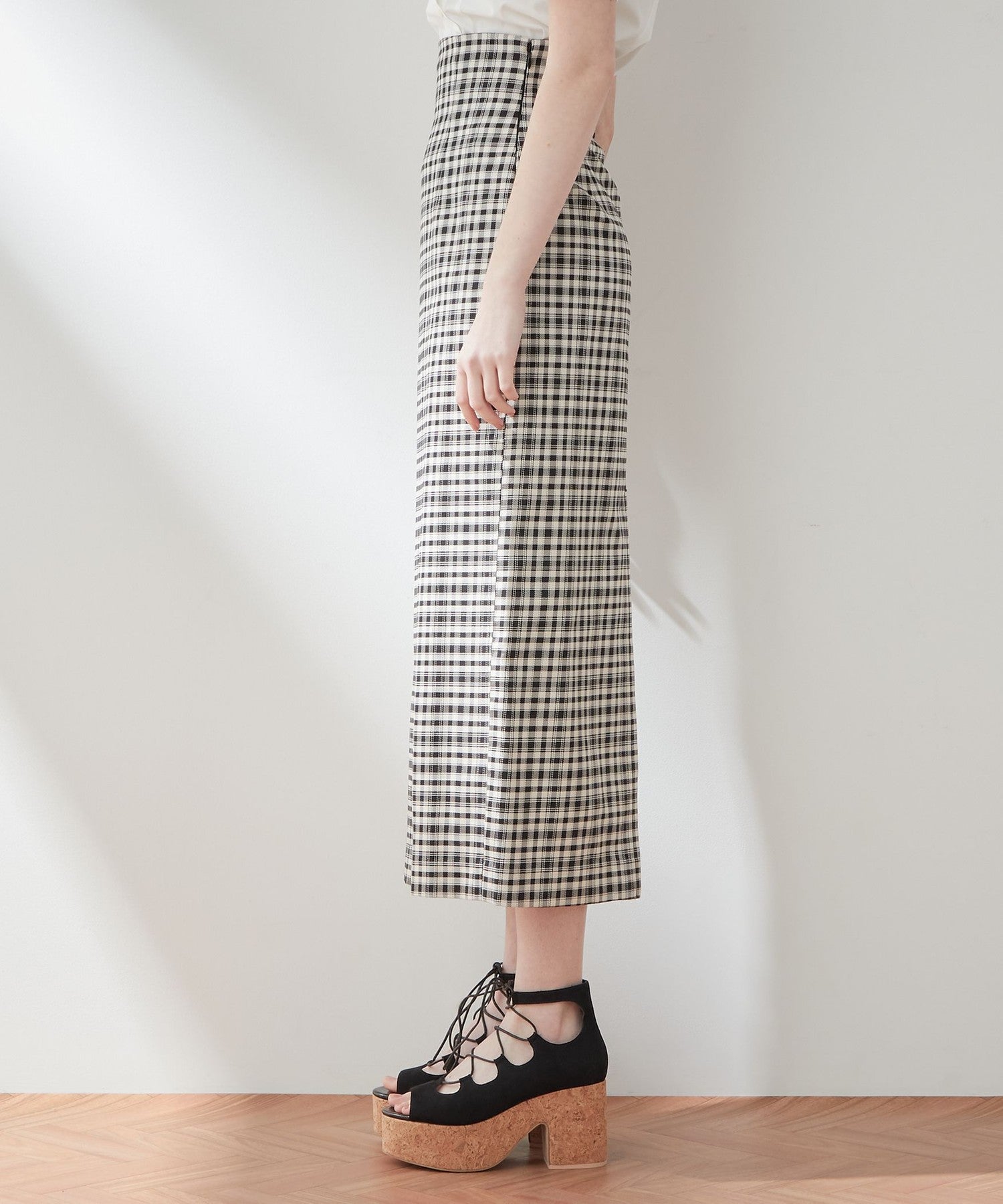 High waist check long skirt