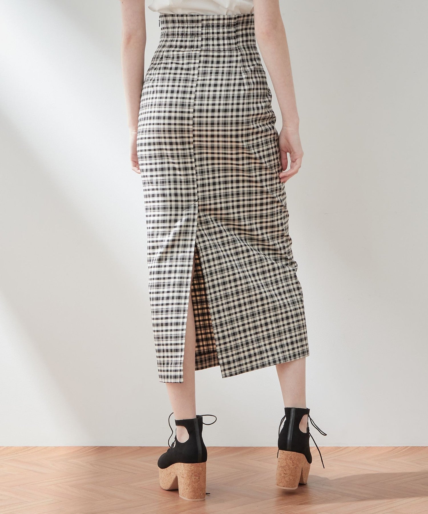 High waist check long skirt