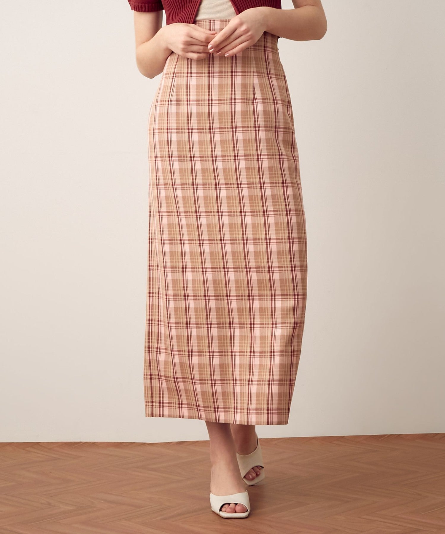 High waist check long skirt
