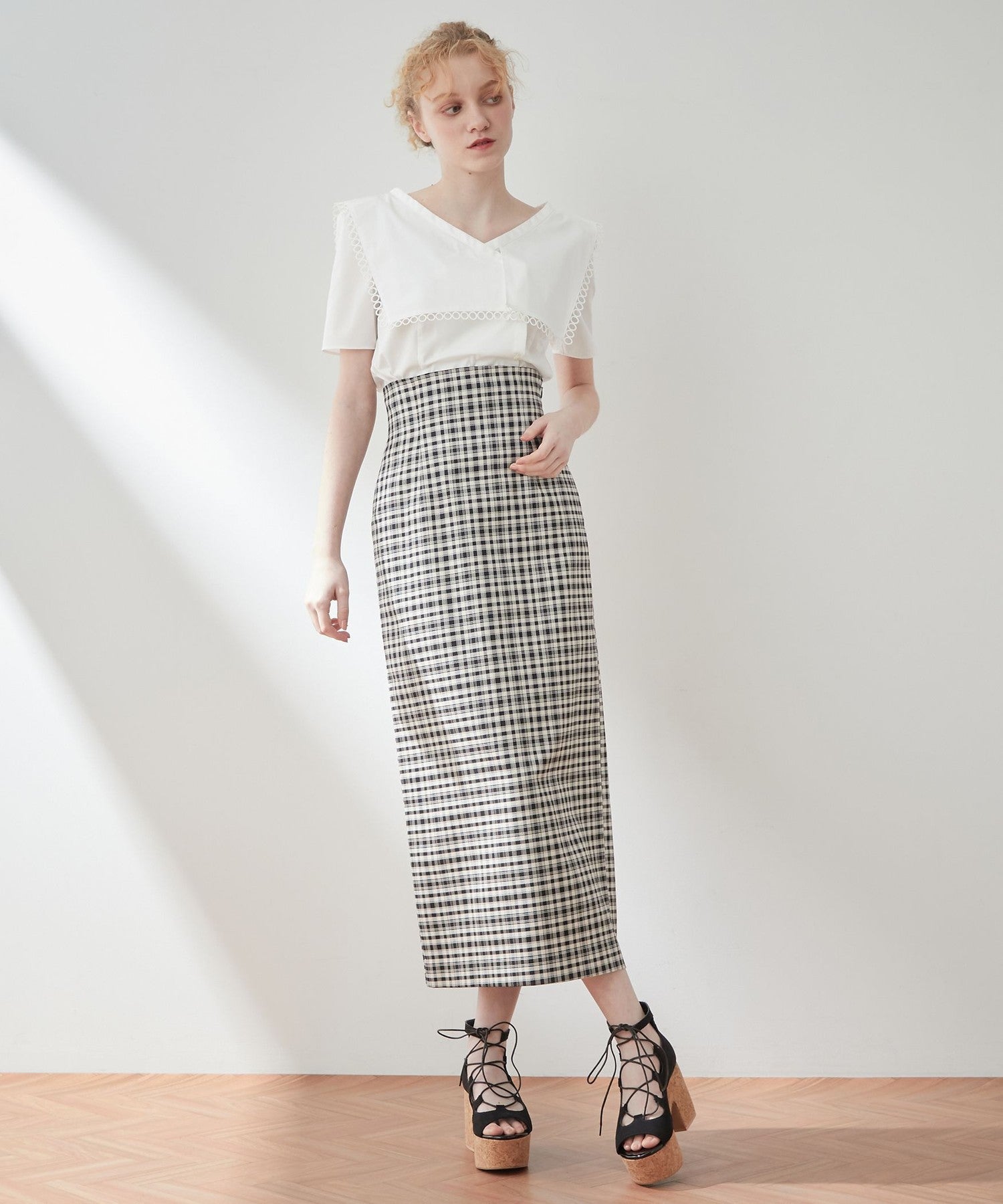 High waist check long skirt