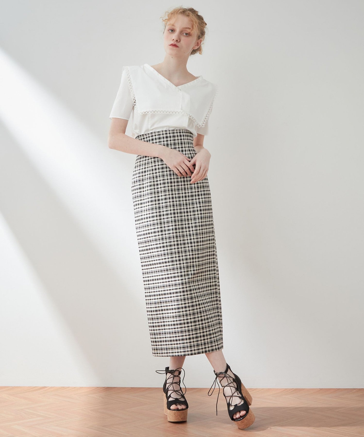 High waist check long skirt