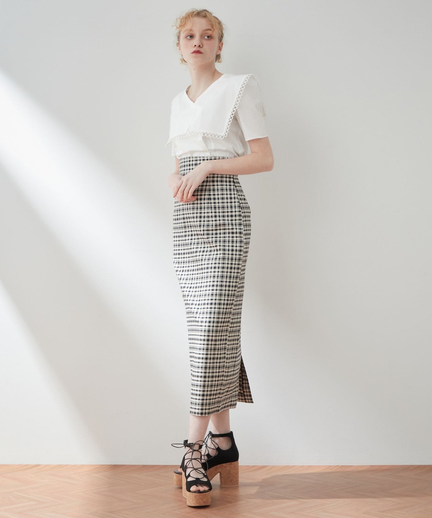 High waist check long skirt