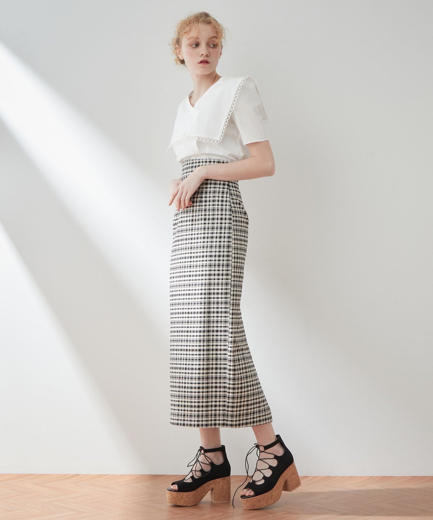 High waist check long skirt