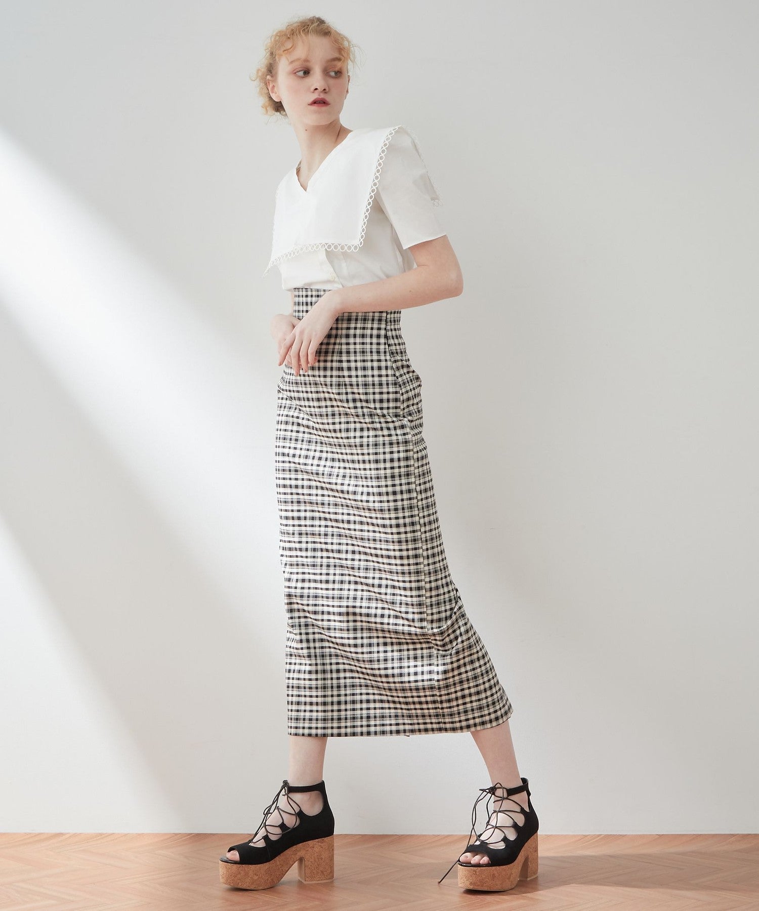 High waist check long skirt