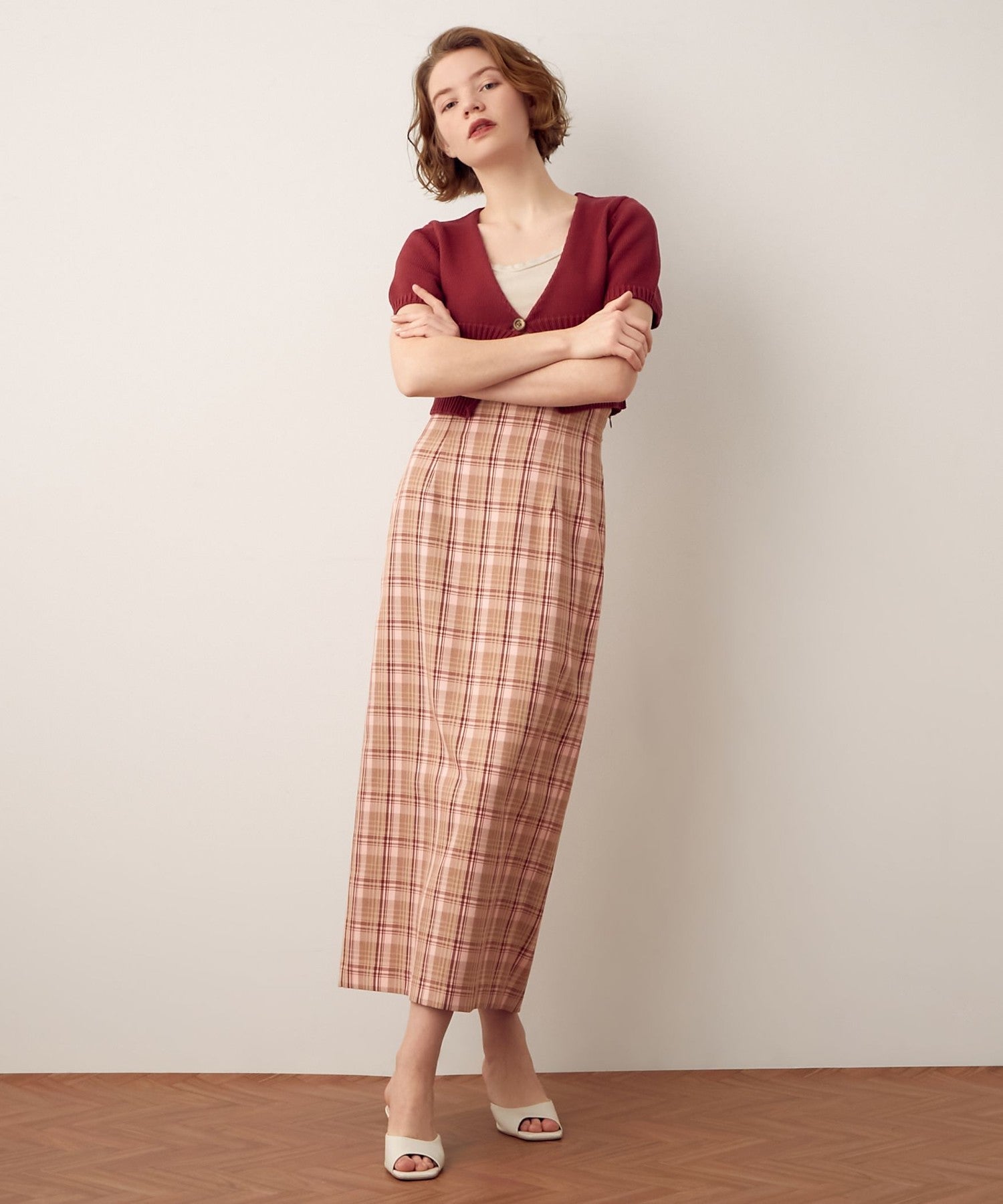 High waist check long skirt