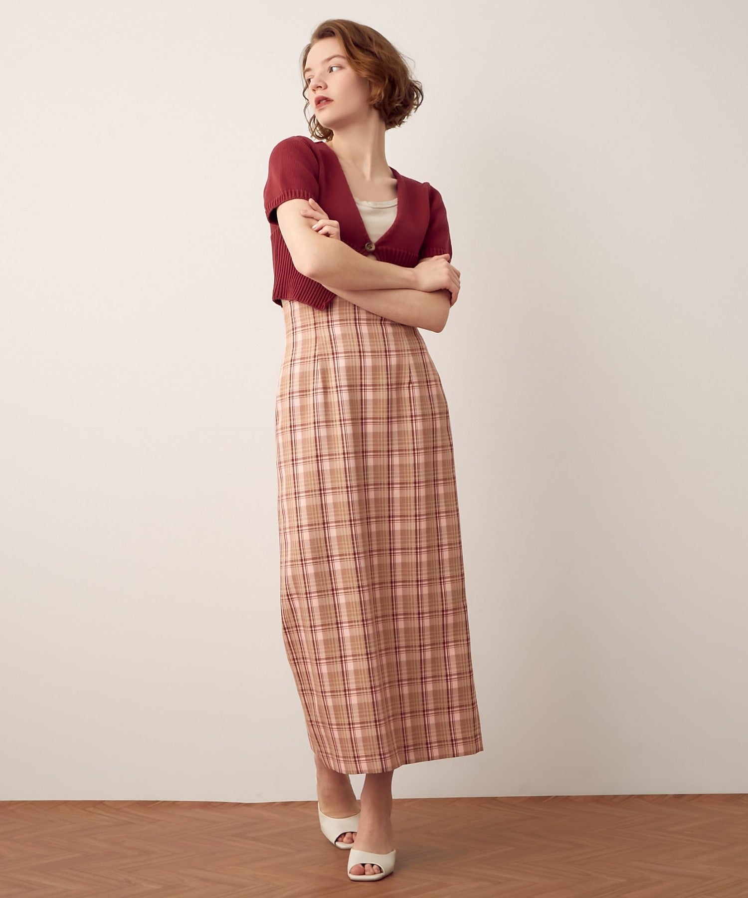 High waist check long skirt