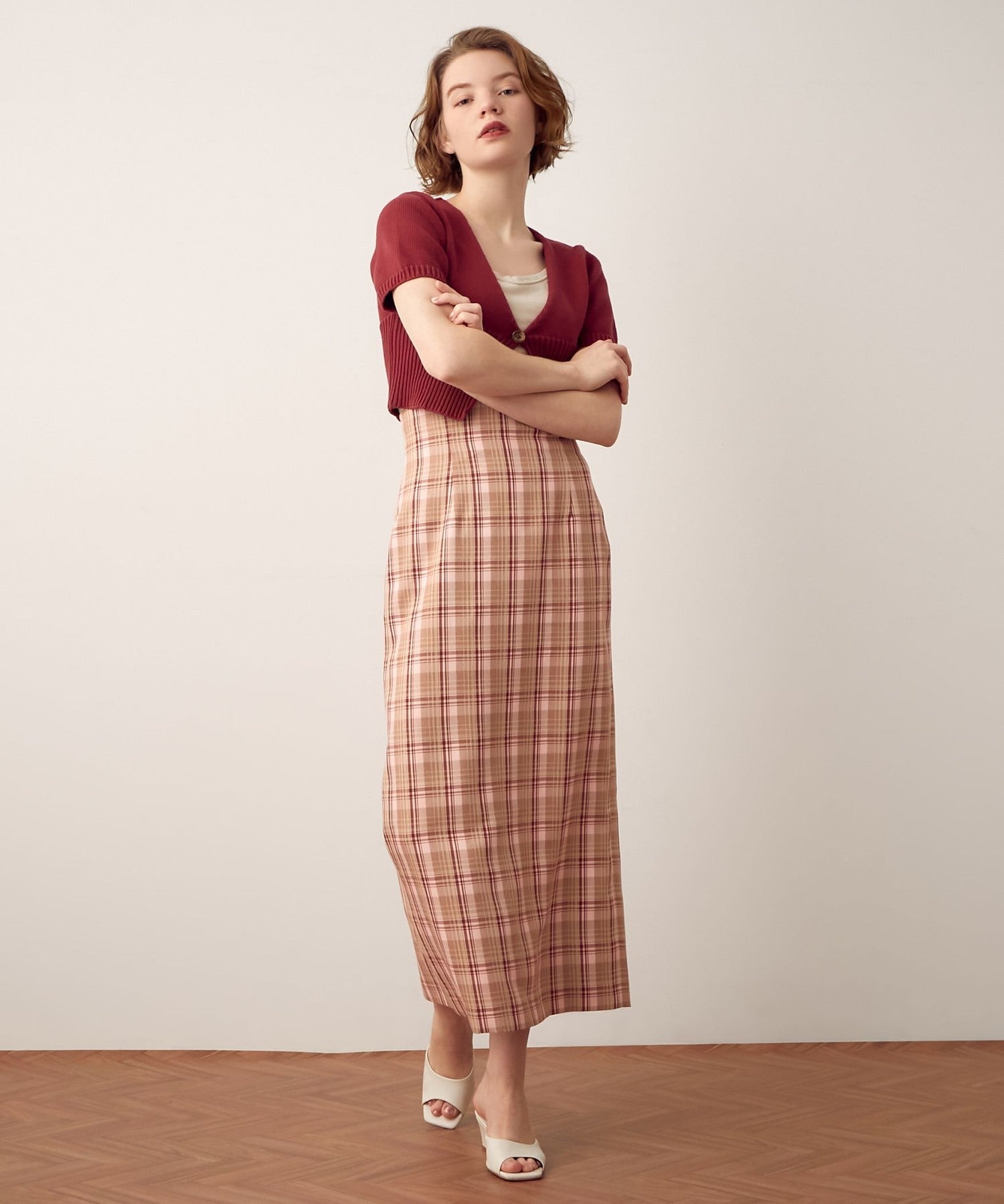 High waist check long skirt