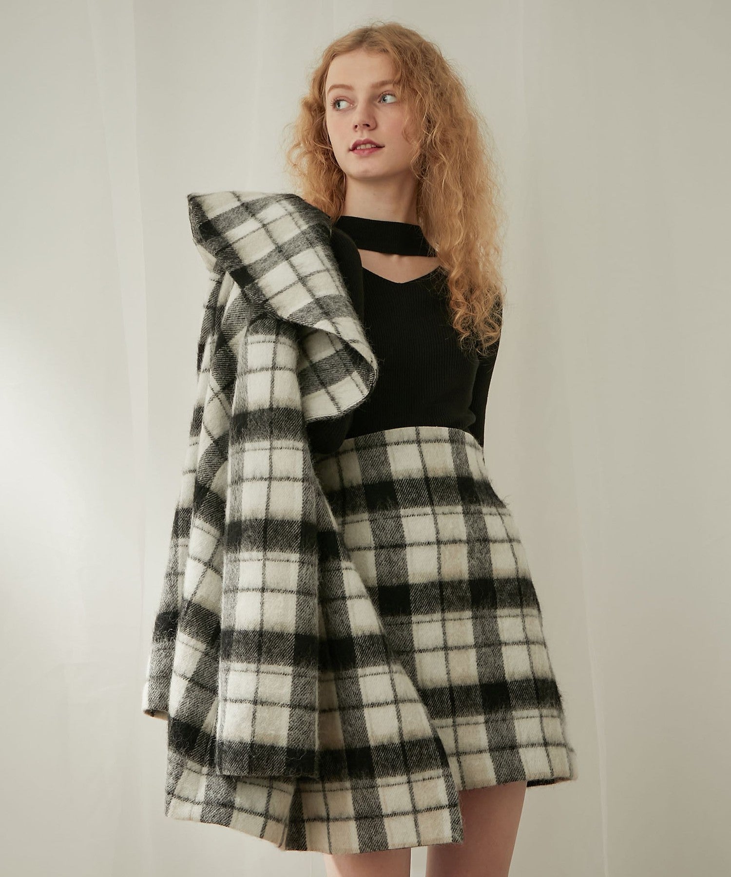 Shaggy check flare coat
