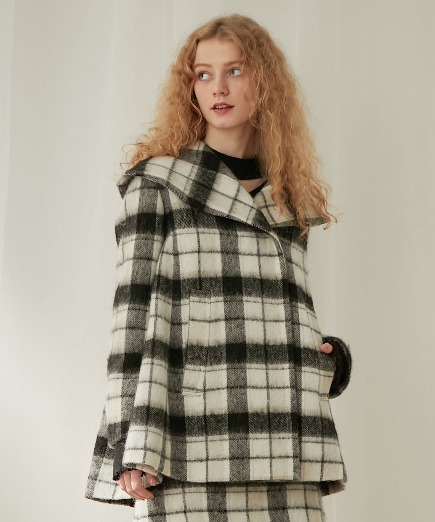 Shaggy check flare coat