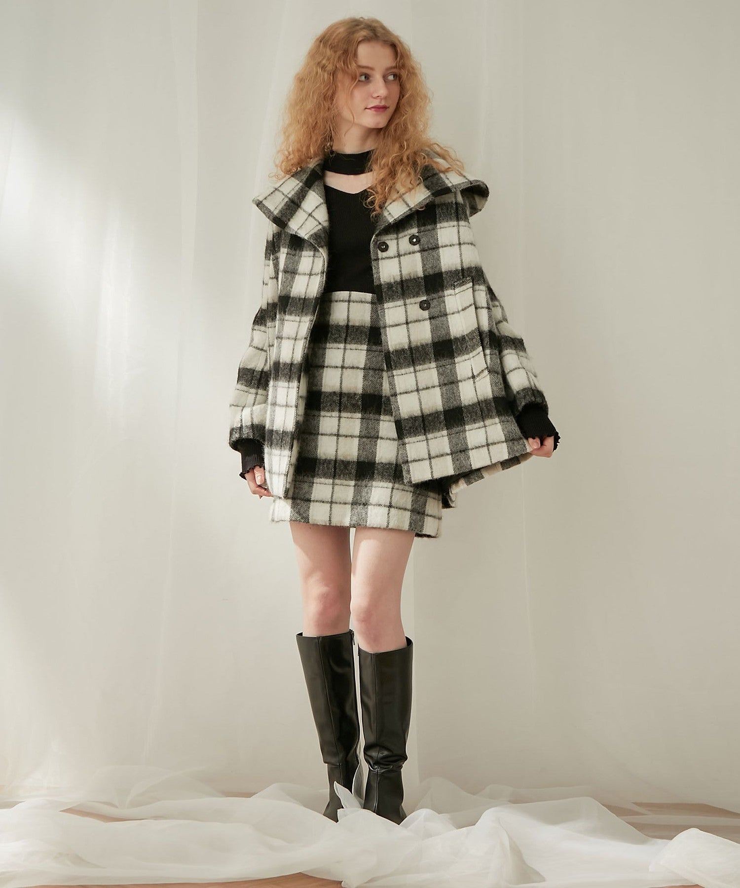 シャギーチェックフレアコート