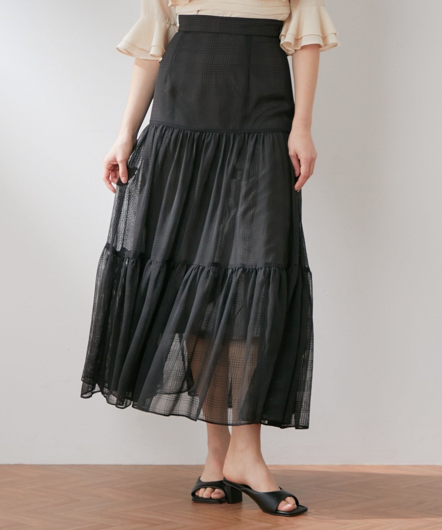 Sheer Check Tiered Skirt