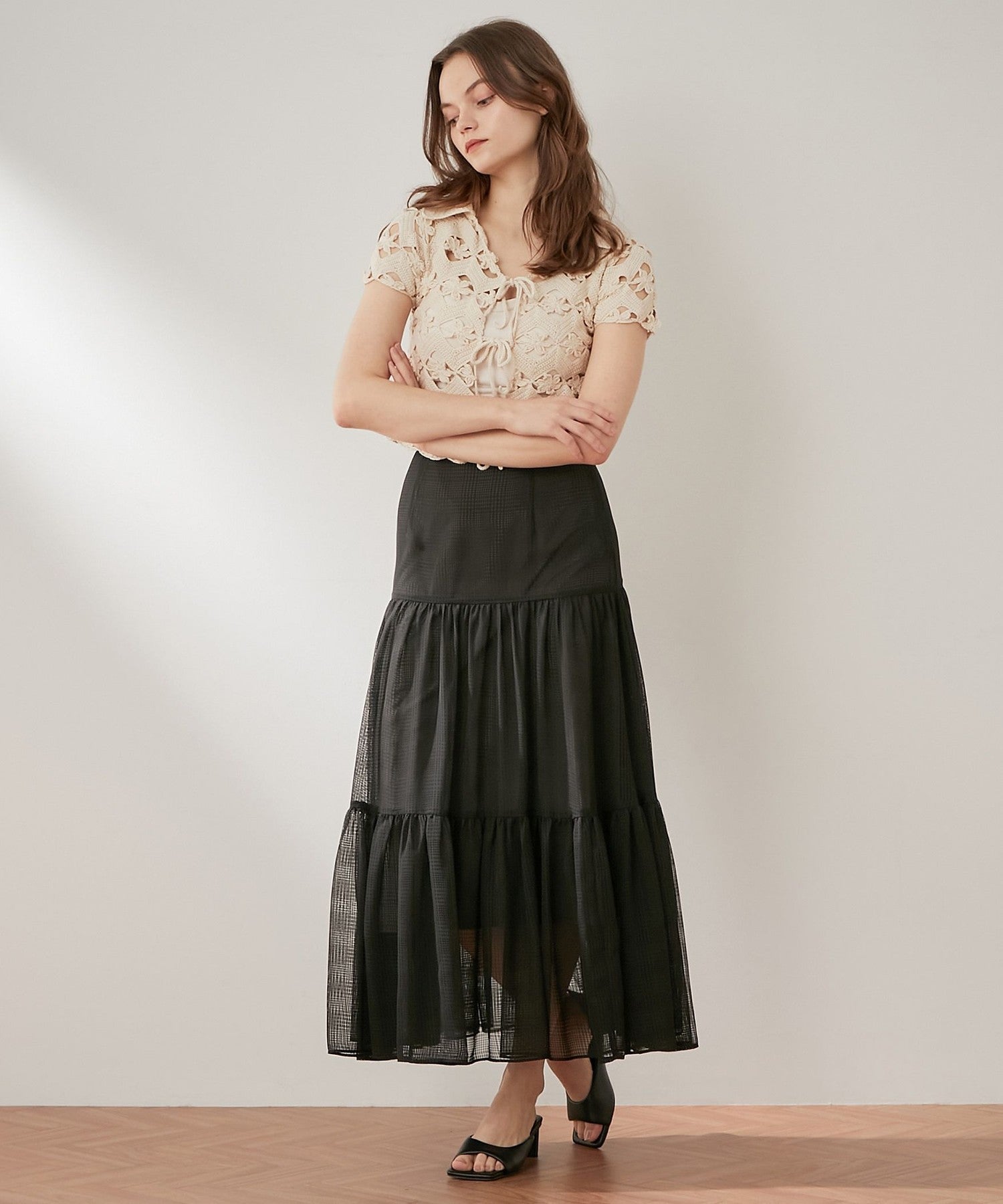 Sheer Check Tiered Skirt