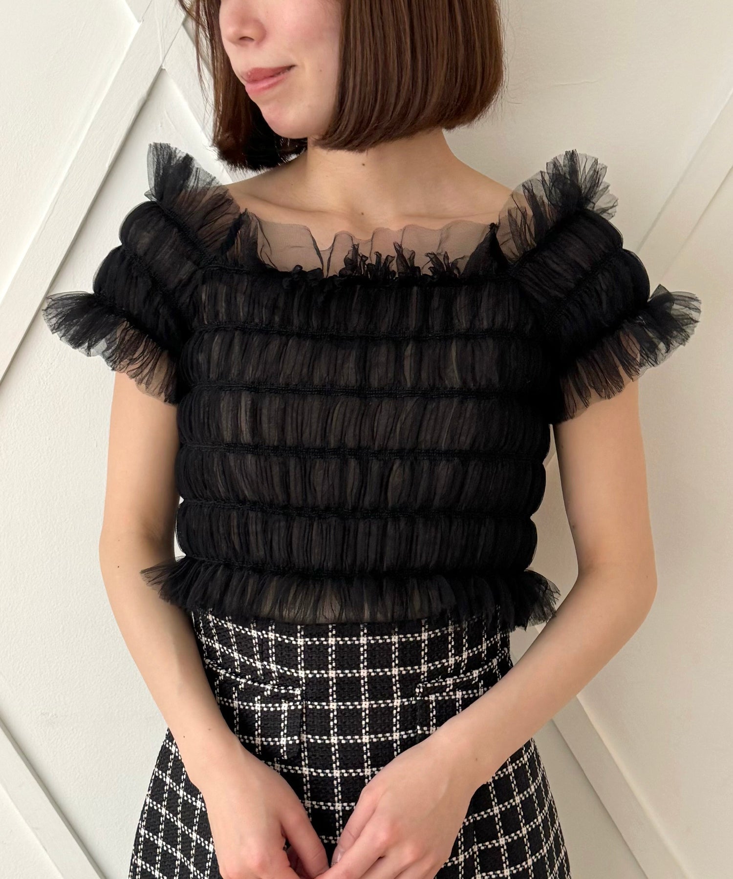 2way 抽褶薄紗女衫