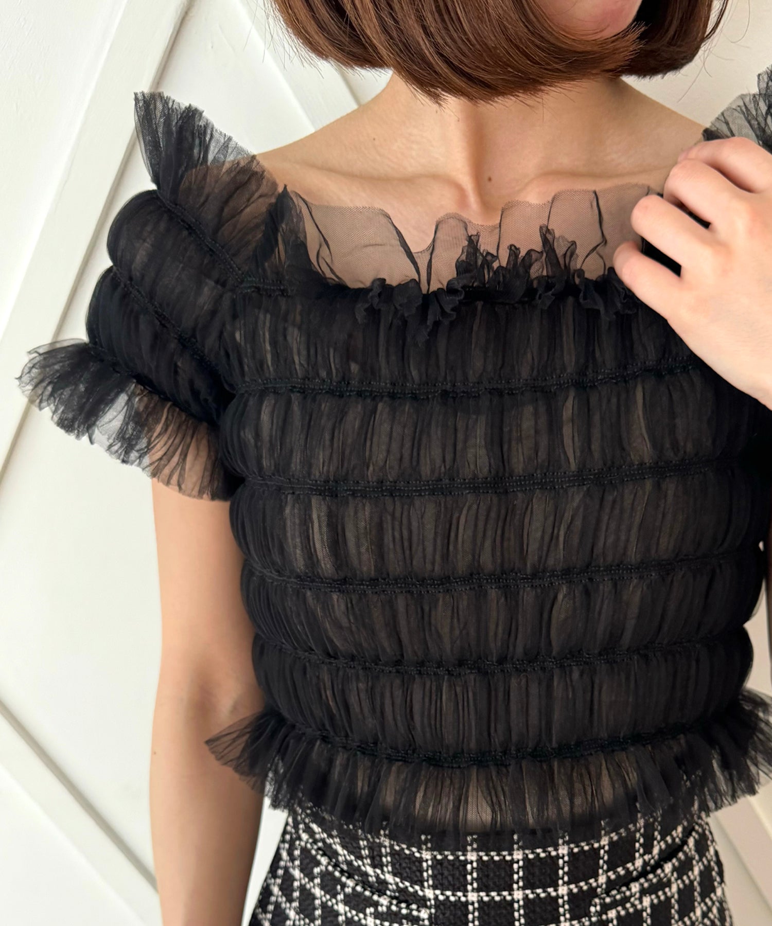 2way 抽褶薄紗女衫