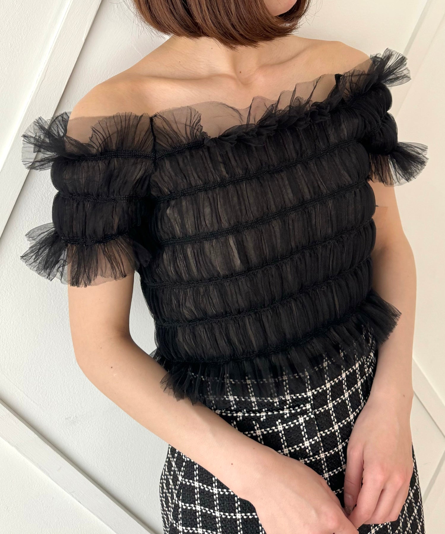 2way 抽褶薄紗女衫