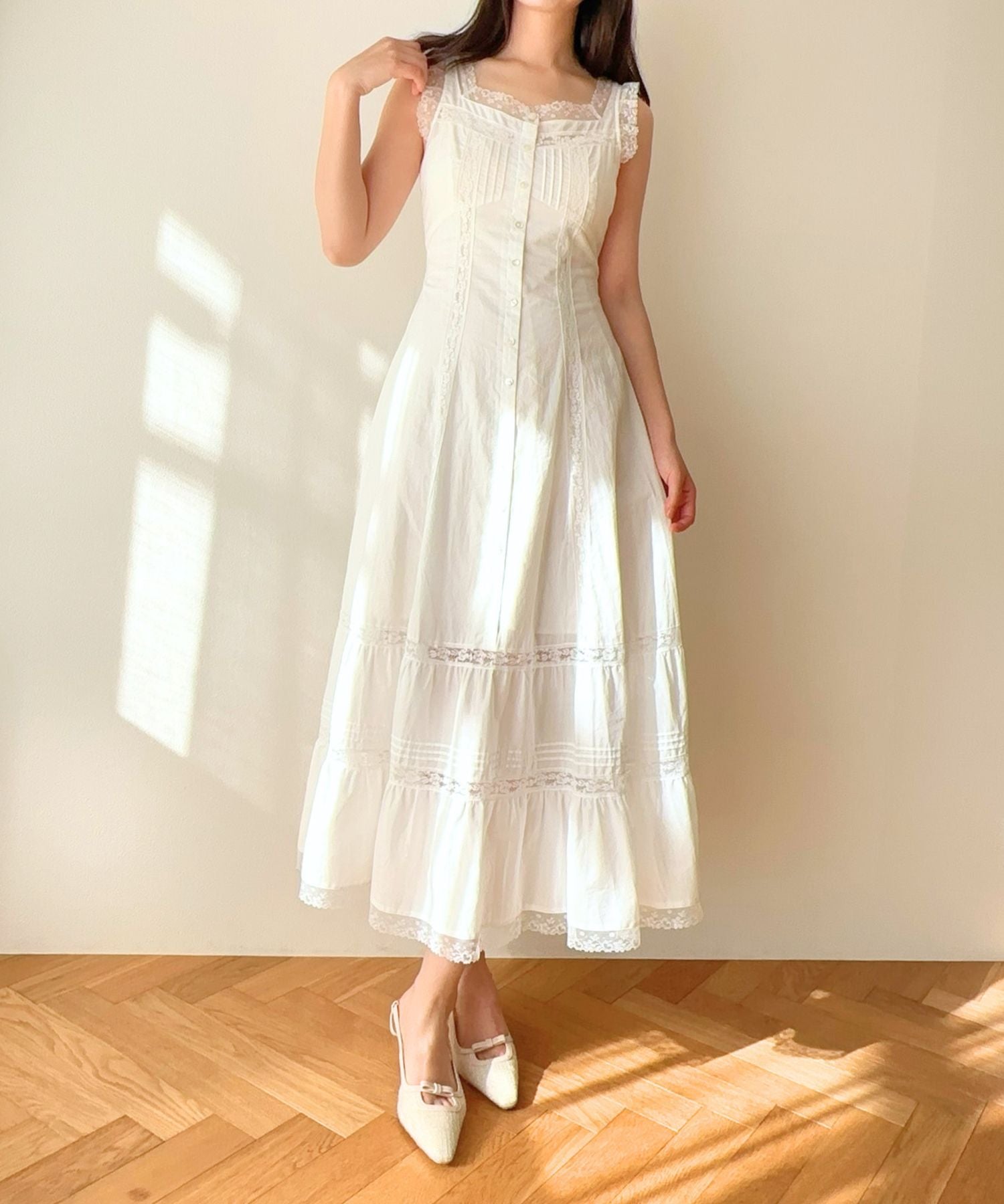 レースミックスフレアワンピース