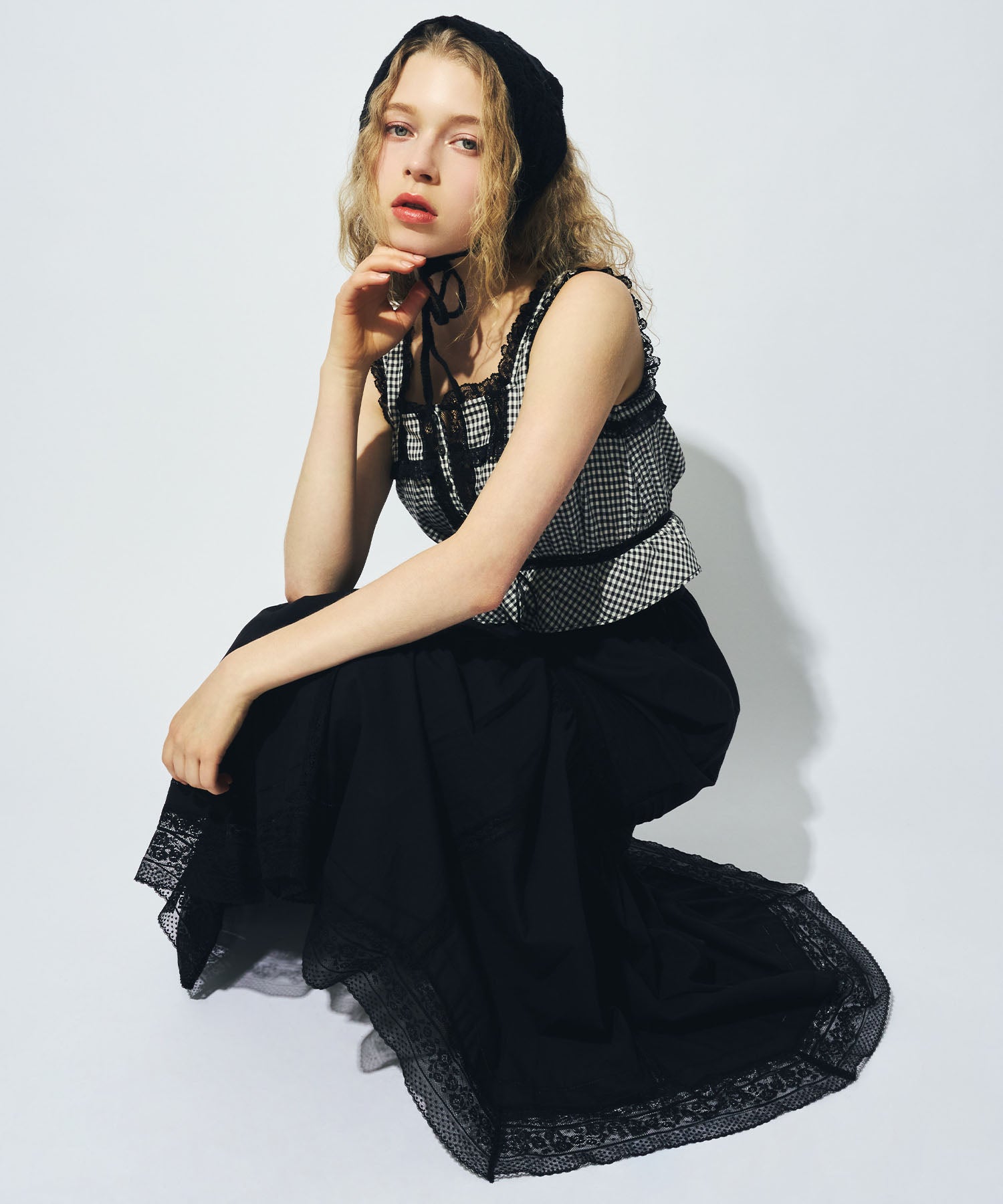 【予約】レースドッキングチェックブラウス