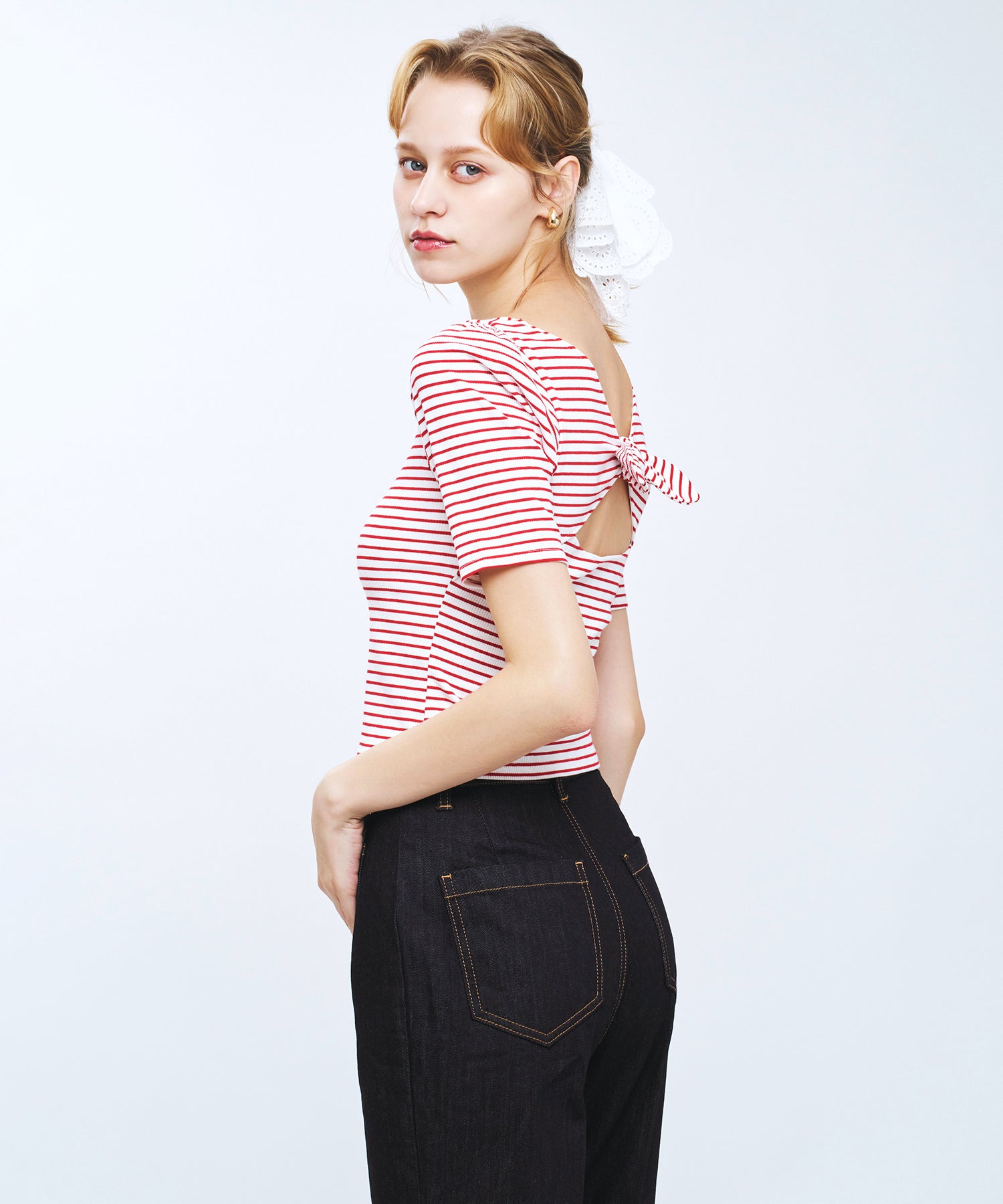 【予約】ボーダーバックリボンカットソー