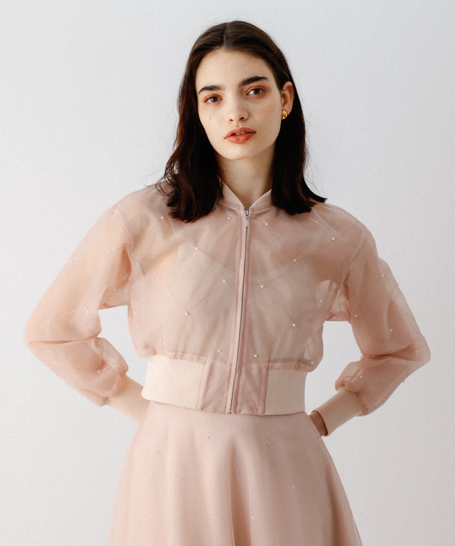 迷你珍珠薄紗束腰外套