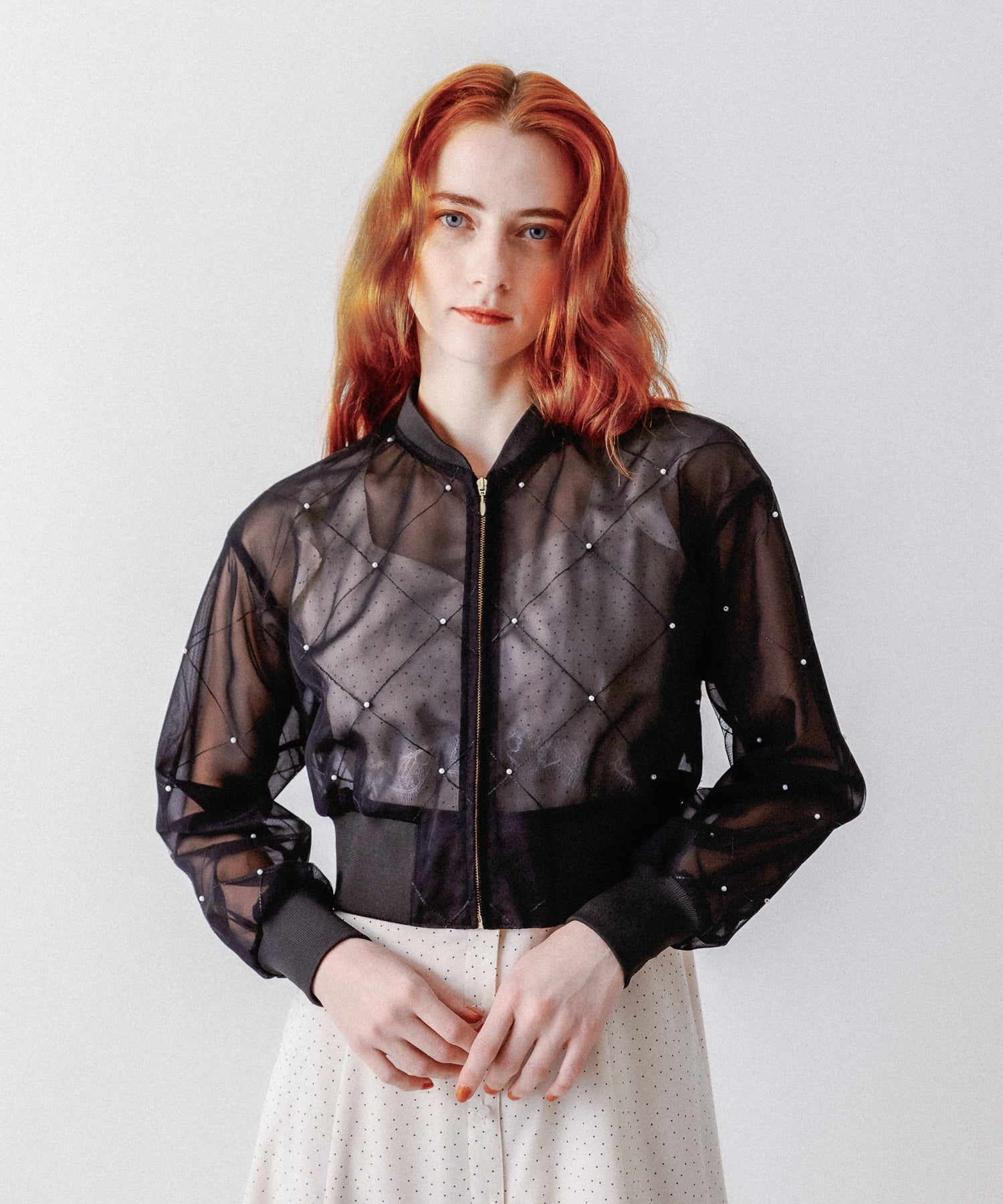 迷你珍珠薄紗束腰外套