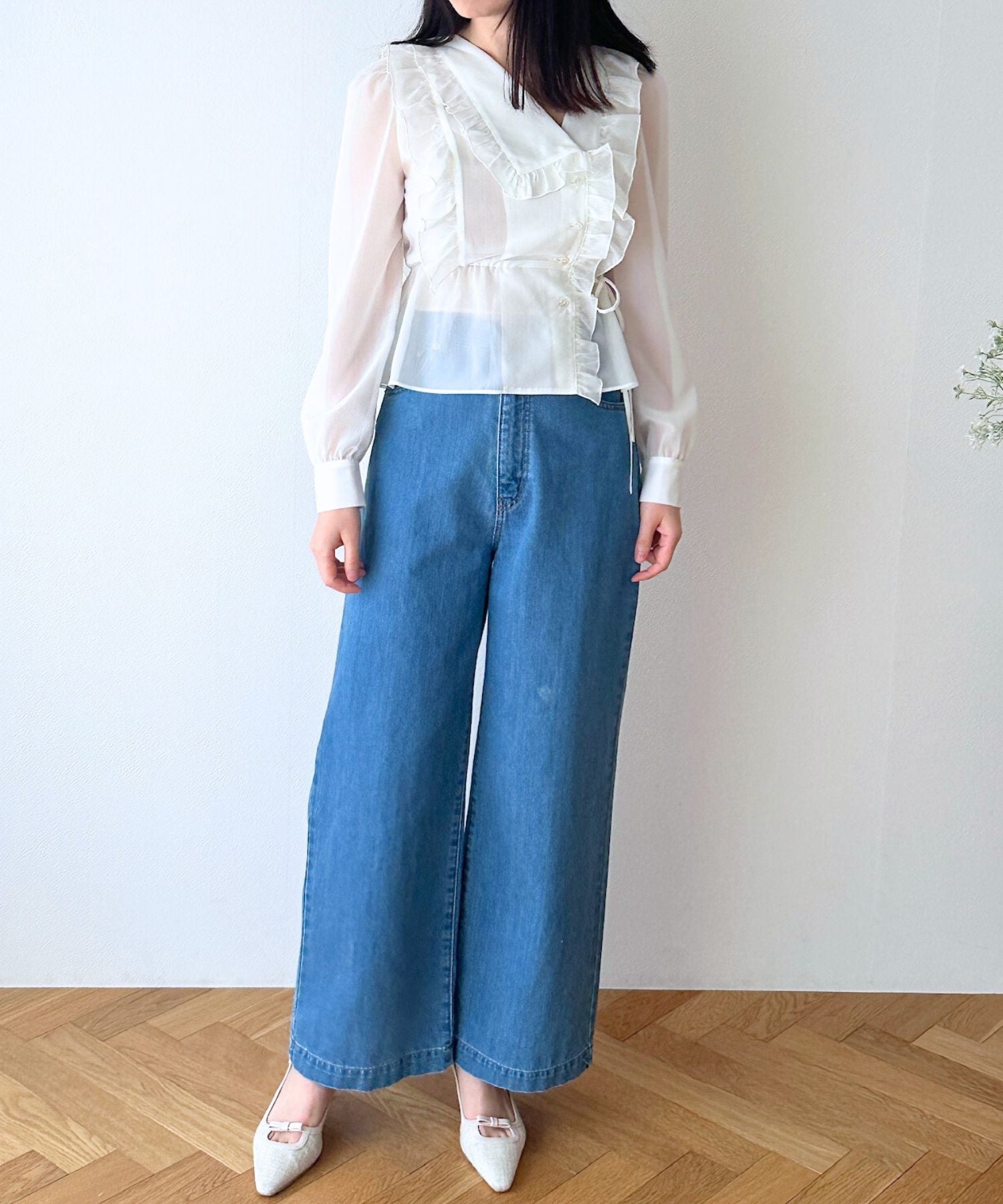 【預訂】金銀絲條紋荷葉邊襯衫