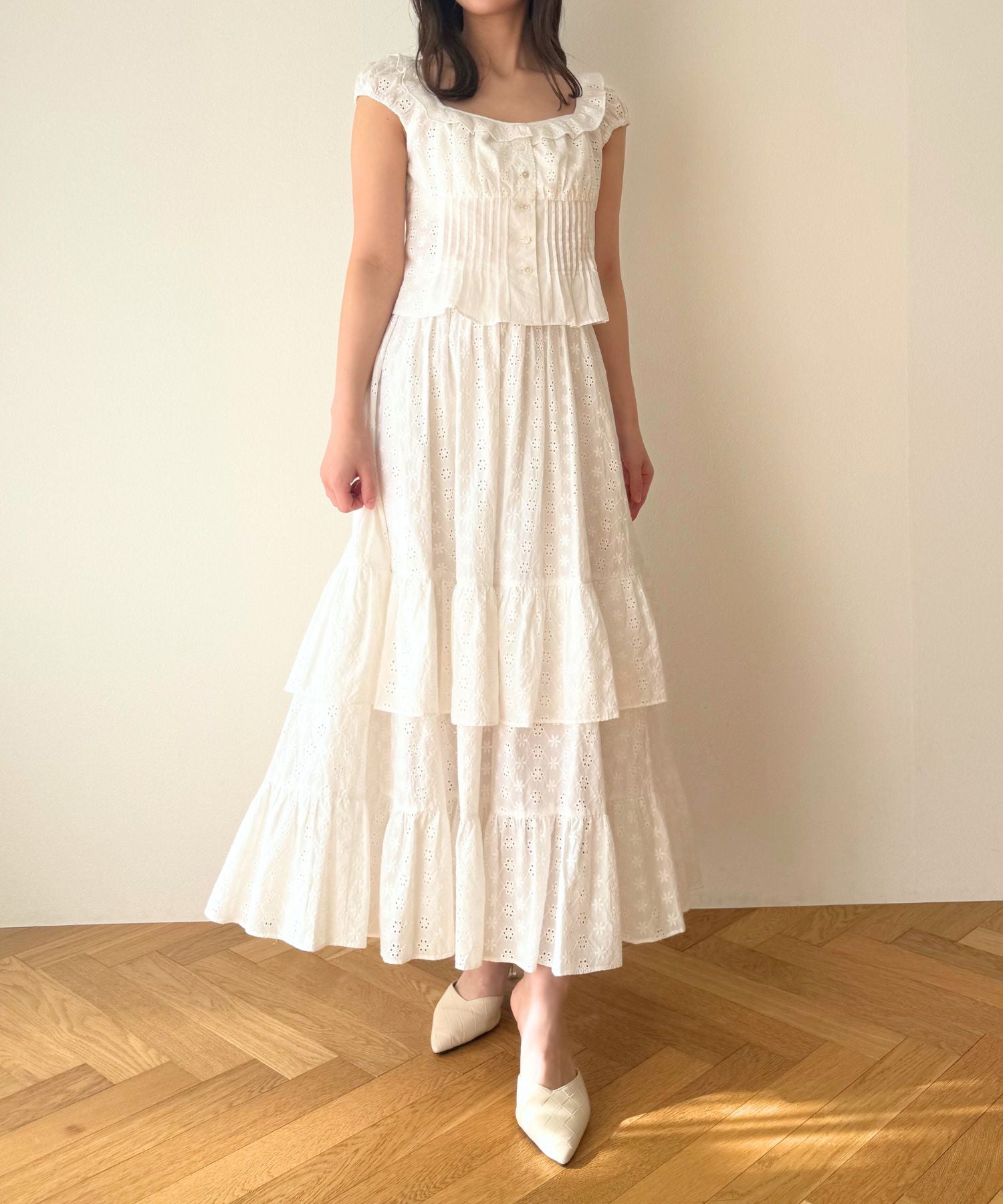 【預訂】純棉蕾絲縮褶半身裙