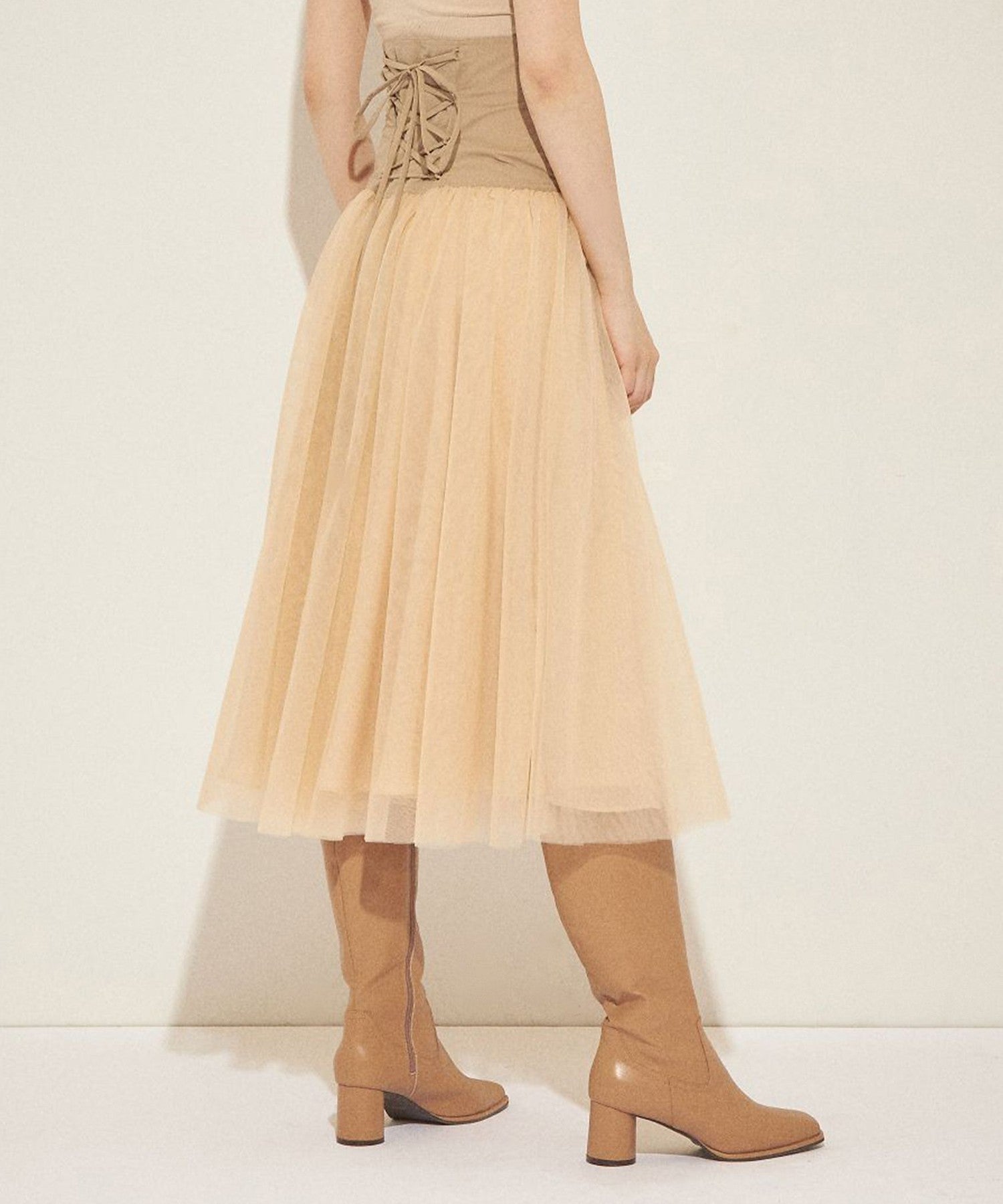 Lace-up gathered tulle skirt