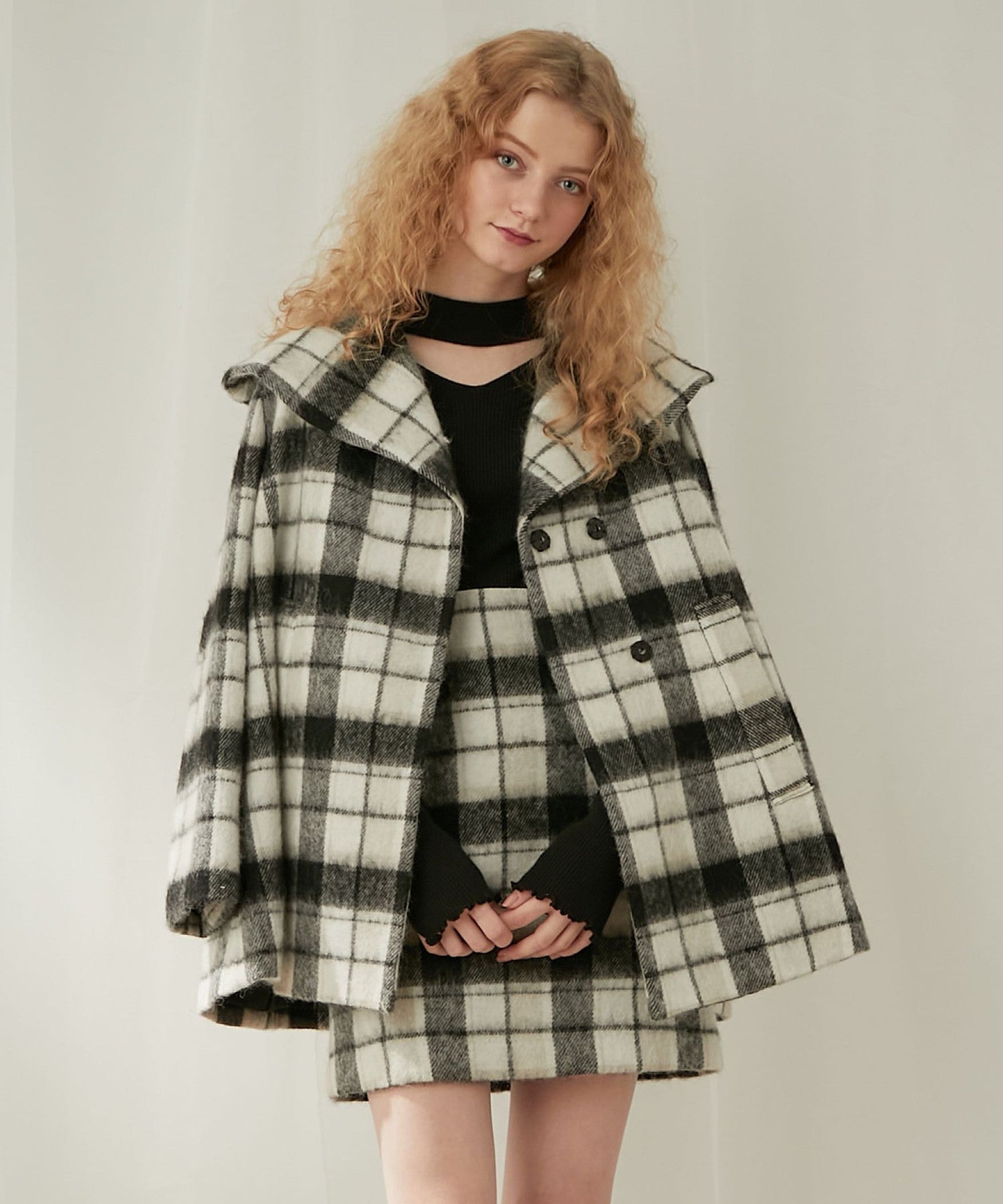 Shaggy check flare coat