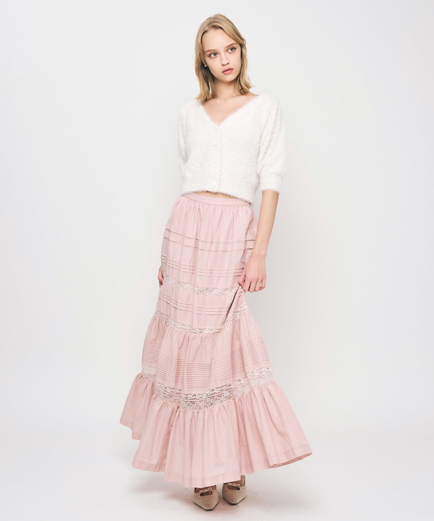 予約】レースMIXティアードスカート