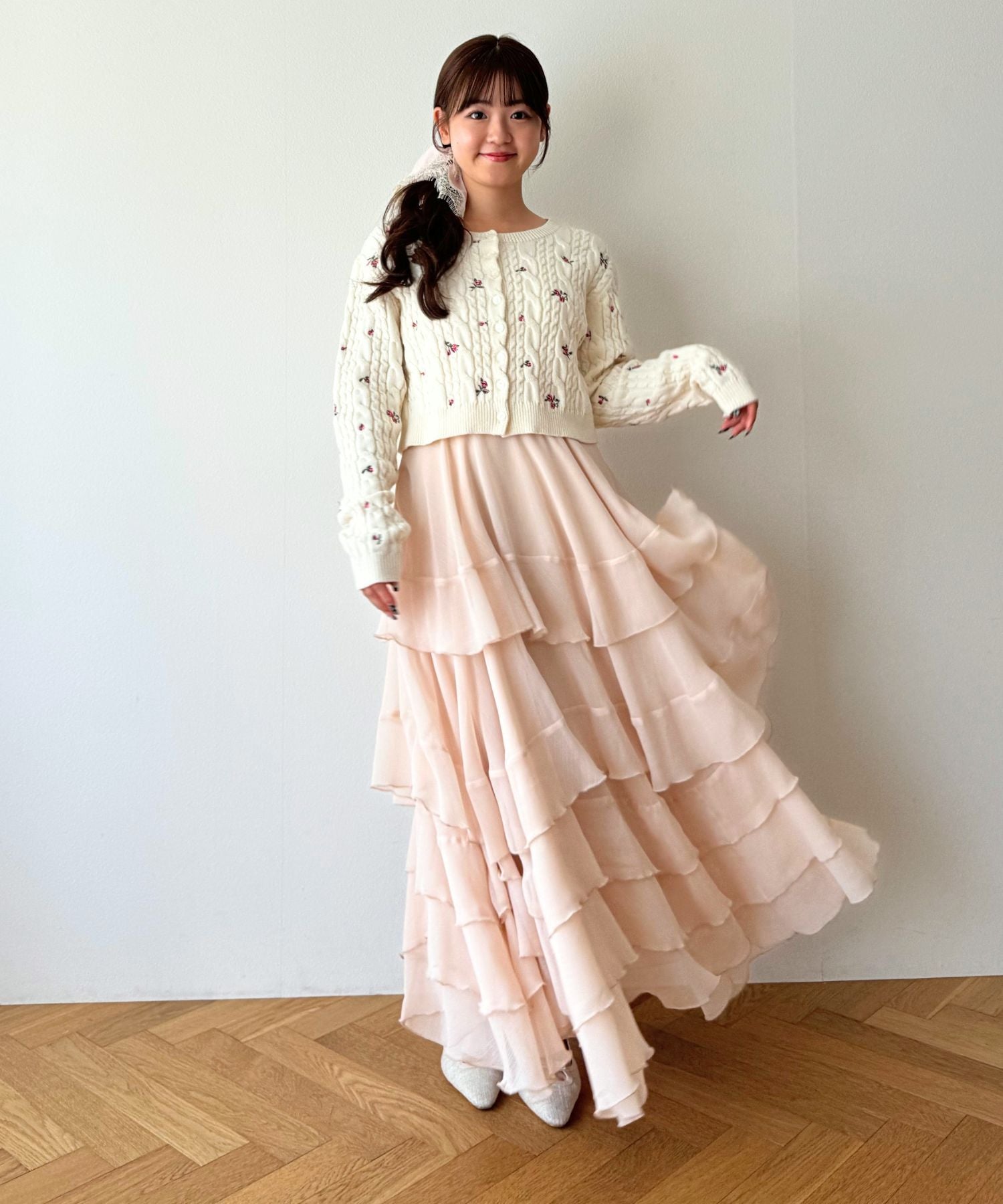 シフォン楊柳フリルティアードスカート