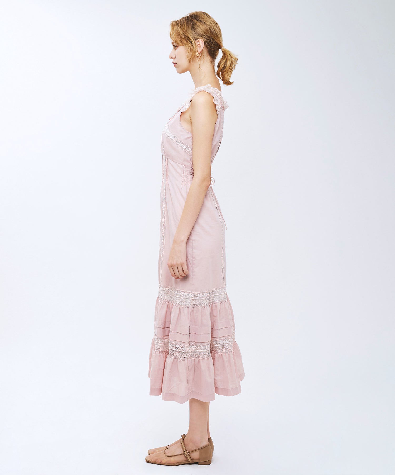 公*o様 ピンク ワンピース me couture ピンストライプレースmixド レースMIXヴィクトリアンワンピース