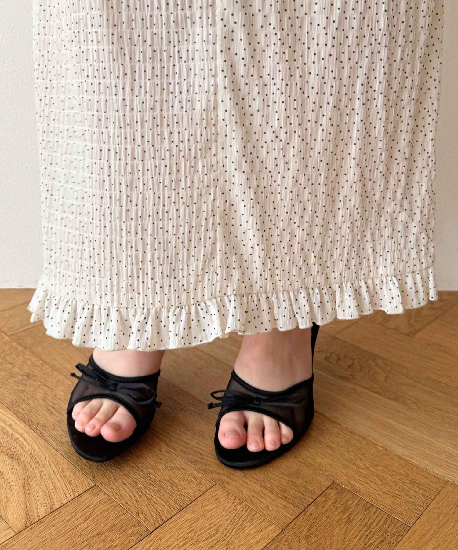 極美品♡ 【ストレッチシフォン】マスタード×ネイビー フリルワンピース サイズ7 シフォンドットフリルワンピース