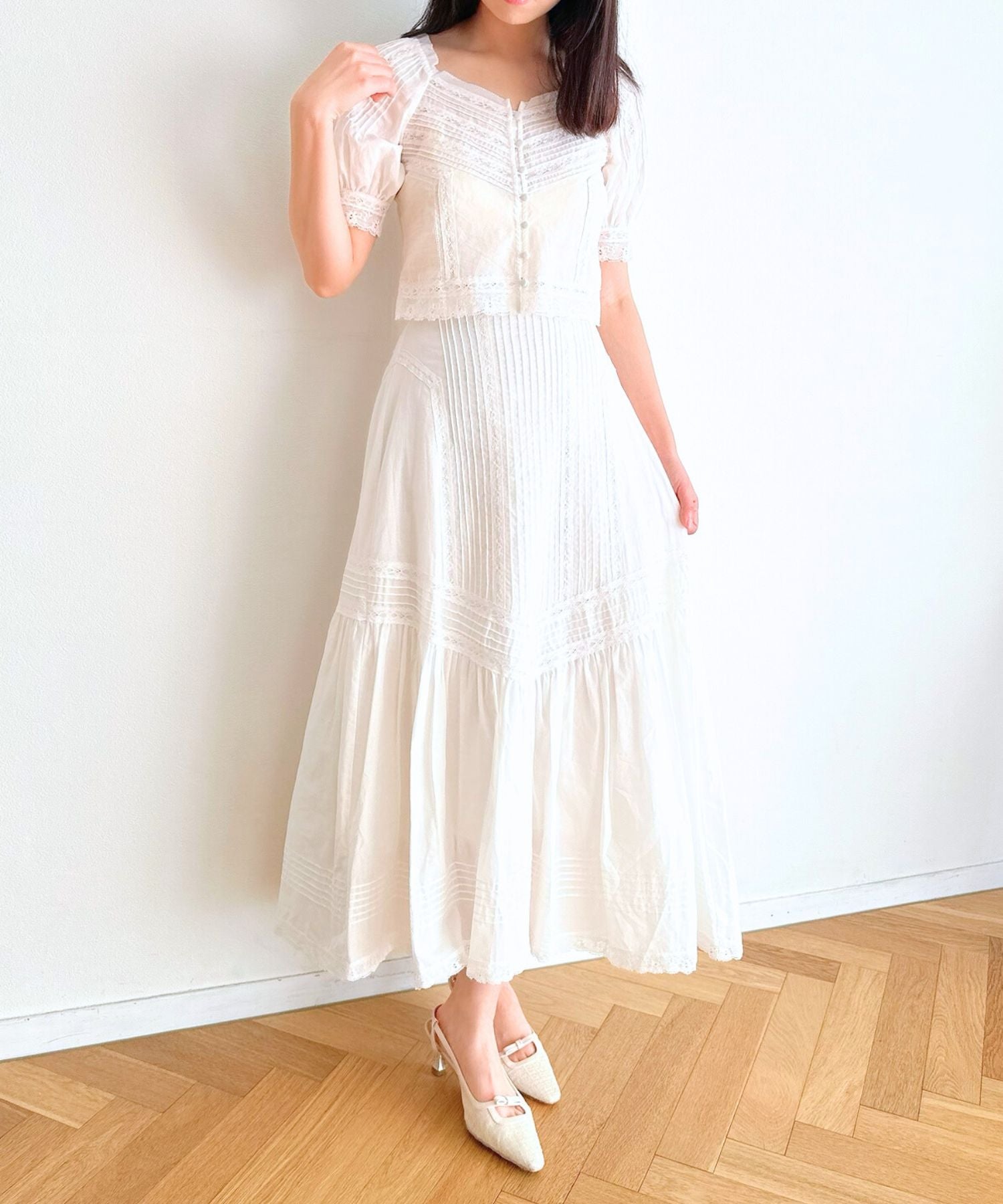 [Pre-order] Lace pin tuck long skirt